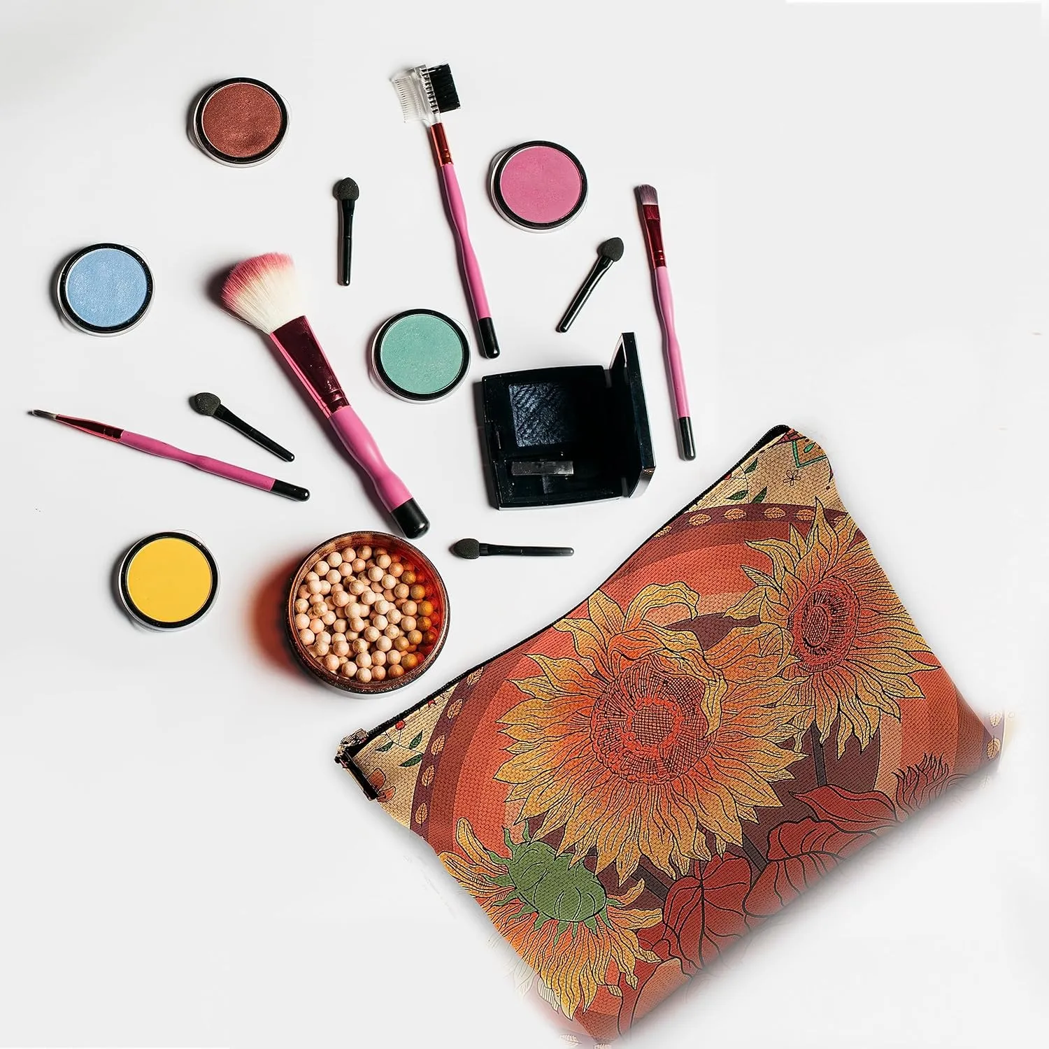 Rustic Orange Makeup Bag Travel Cosmetic Bags,Watercolor Boho Flower Floral Spring Summer Blossom Cosmetic Makeup Bags with Zipper Pouch Travel Toiletry Case