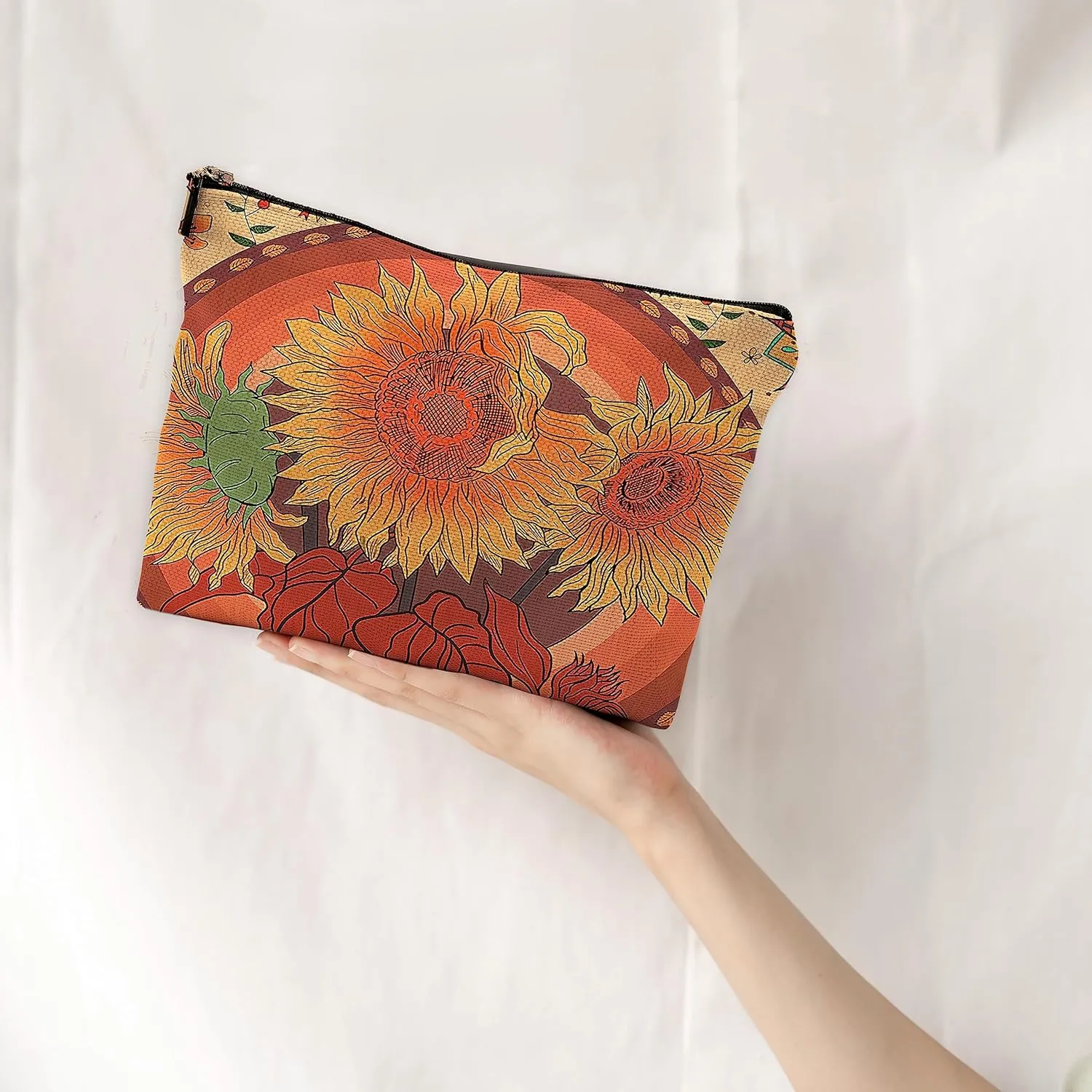 Rustic Orange Makeup Bag Travel Cosmetic Bags,Watercolor Boho Flower Floral Spring Summer Blossom Cosmetic Makeup Bags with Zipper Pouch Travel Toiletry Case