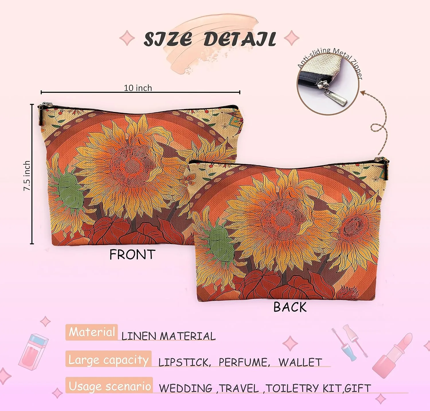Rustic Orange Makeup Bag Travel Cosmetic Bags,Watercolor Boho Flower Floral Spring Summer Blossom Cosmetic Makeup Bags with Zipper Pouch Travel Toiletry Case