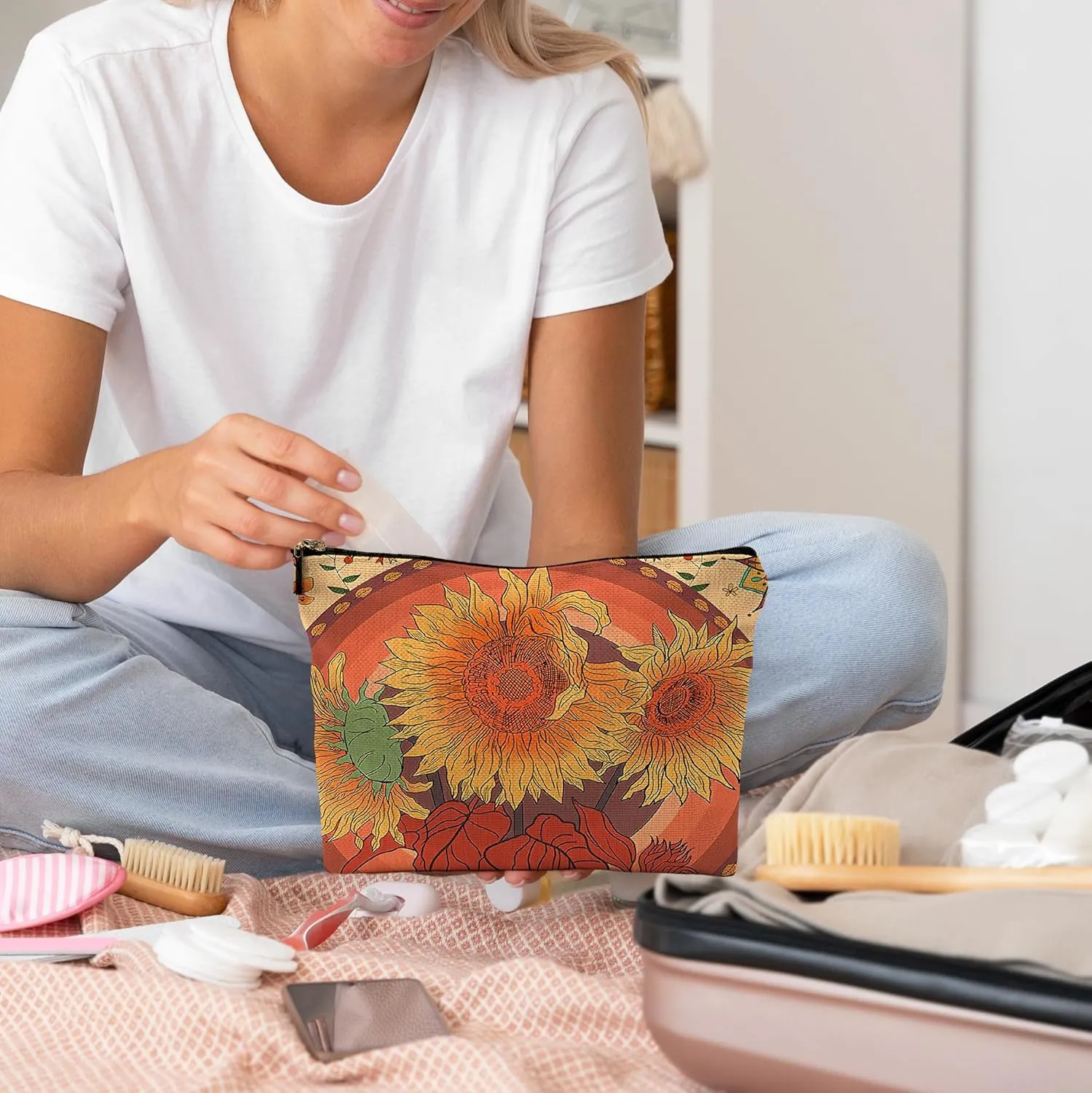 Rustic Orange Makeup Bag Travel Cosmetic Bags,Watercolor Boho Flower Floral Spring Summer Blossom Cosmetic Makeup Bags with Zipper Pouch Travel Toiletry Case