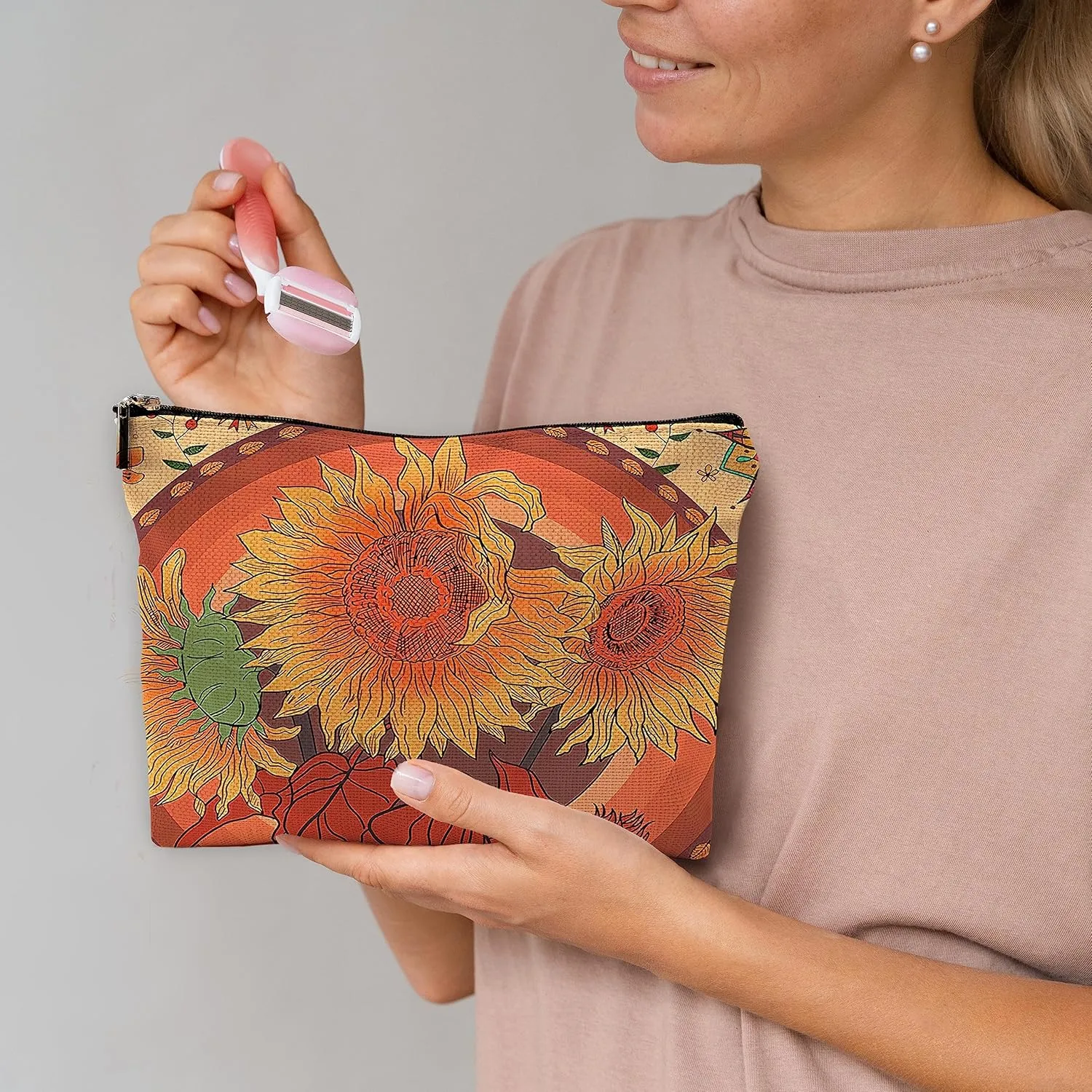 Rustic Orange Makeup Bag Travel Cosmetic Bags,Watercolor Boho Flower Floral Spring Summer Blossom Cosmetic Makeup Bags with Zipper Pouch Travel Toiletry Case