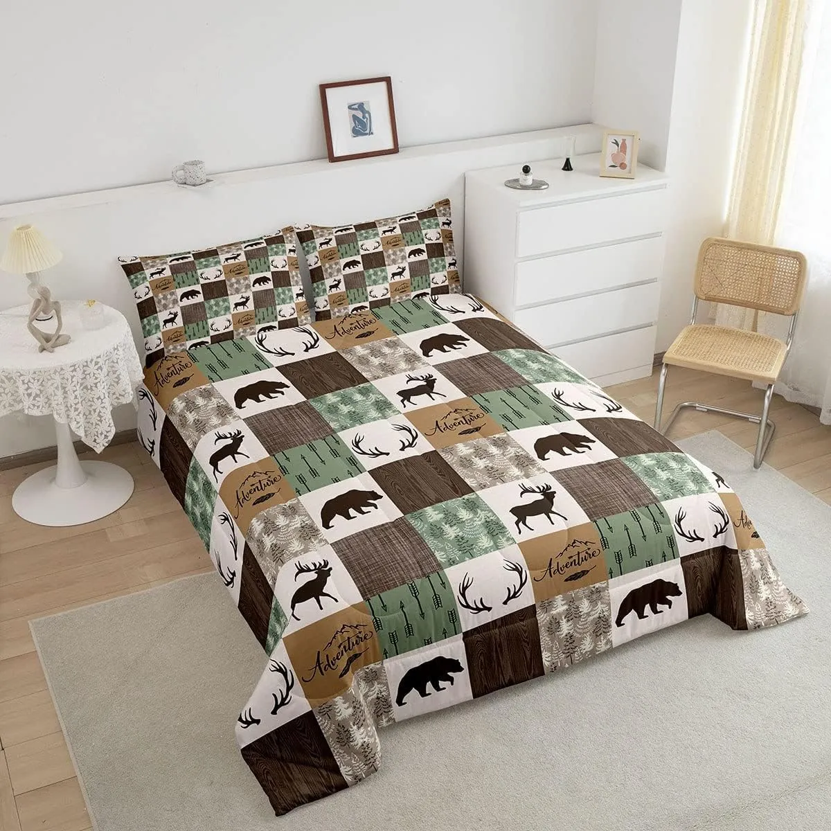 Rustic Patchwork Comforter Set,Bear Moose Bedding Set Twin for Kids Boys Teens Adult,Farmhouse Hunting Deer Quilt Christmas Arrows Buffalo Plaid Duvet Insert with 1 Pillow Case,Brown Green