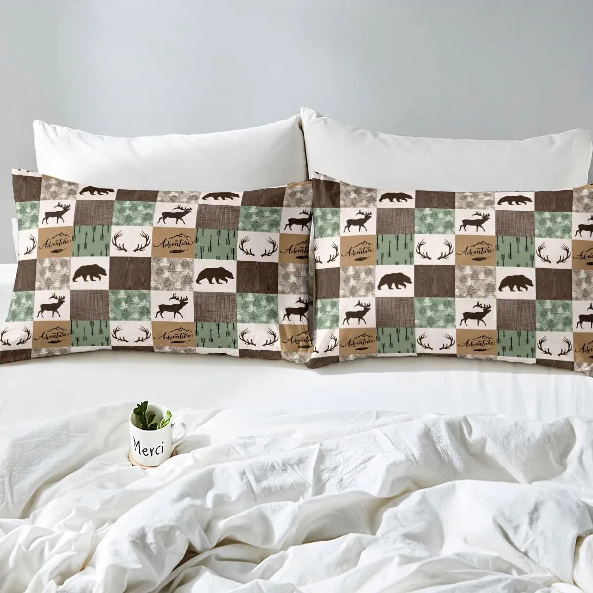 Rustic Patchwork Comforter Set,Bear Moose Bedding Set Twin for Kids Boys Teens Adult,Farmhouse Hunting Deer Quilt Christmas Arrows Buffalo Plaid Duvet Insert with 1 Pillow Case,Brown Green