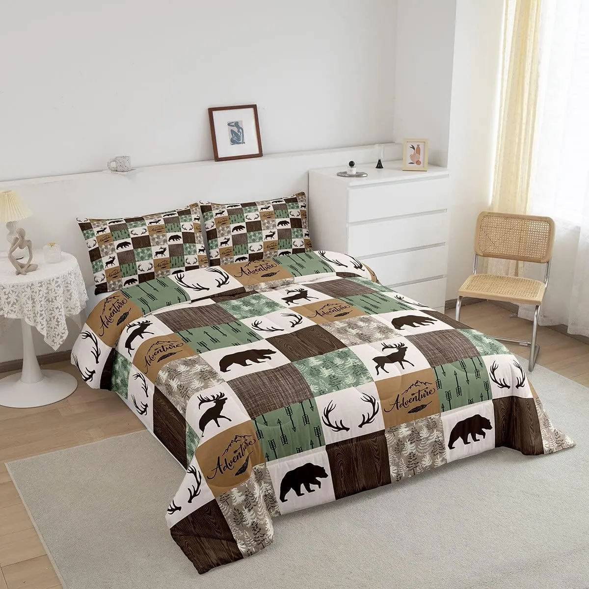 Rustic Patchwork Comforter Set,Bear Moose Bedding Set Twin for Kids Boys Teens Adult,Farmhouse Hunting Deer Quilt Christmas Arrows Buffalo Plaid Duvet Insert with 1 Pillow Case,Brown Green