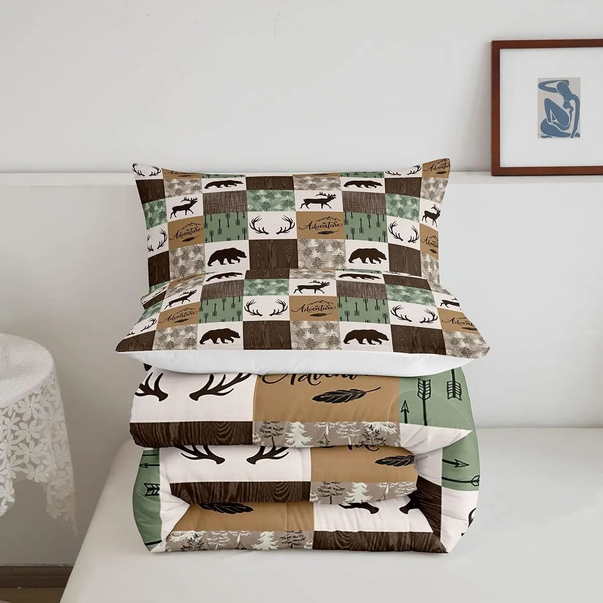 Rustic Patchwork Comforter Set,Bear Moose Bedding Set Twin for Kids Boys Teens Adult,Farmhouse Hunting Deer Quilt Christmas Arrows Buffalo Plaid Duvet Insert with 1 Pillow Case,Brown Green
