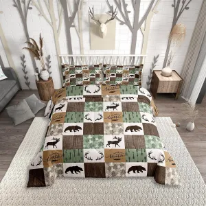 Rustic Patchwork Comforter Set,Bear Moose Bedding Set Twin for Kids Boys Teens Adult,Farmhouse Hunting Deer Quilt Christmas Arrows Buffalo Plaid Duvet Insert with 1 Pillow Case,Brown Green