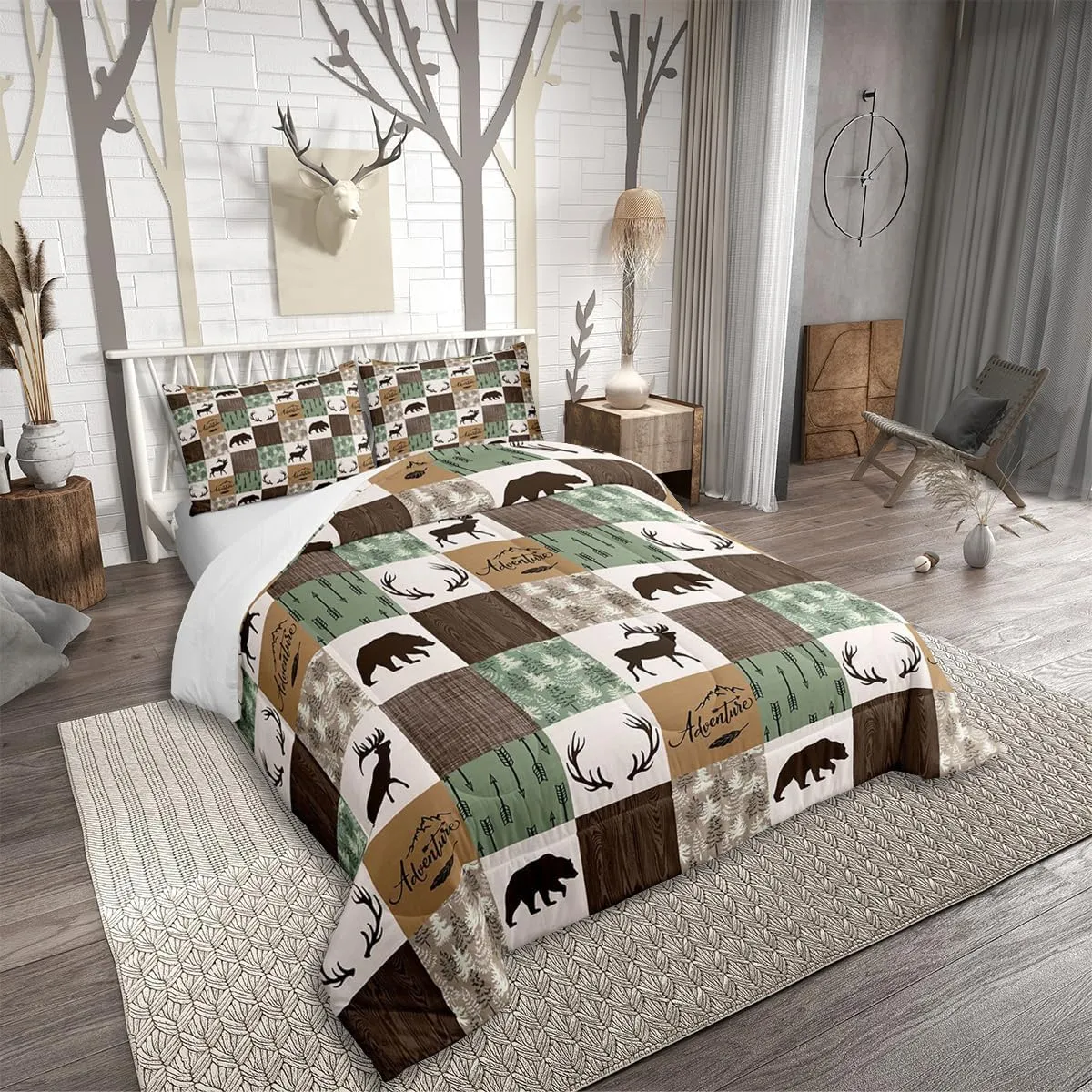 Rustic Patchwork Comforter Set,Bear Moose Bedding Set Twin for Kids Boys Teens Adult,Farmhouse Hunting Deer Quilt Christmas Arrows Buffalo Plaid Duvet Insert with 1 Pillow Case,Brown Green