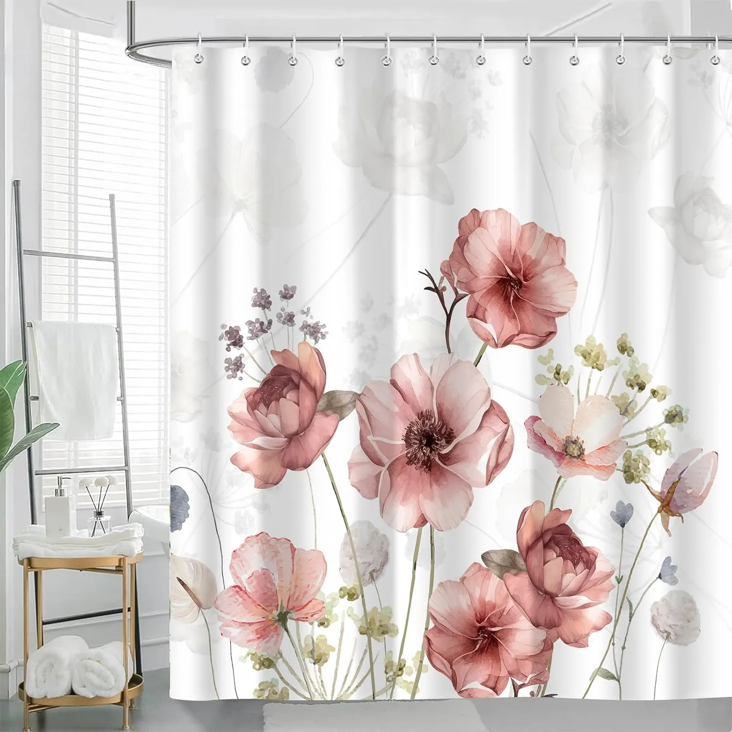 Rustic Pink Floral Shower Curtain fo Bathroom, Boho Cute Flowers Plants Botanical Spring Decor Shower Curtain Set, Waterproof Polyester Fabric Bath Curtains 72 x 72 Inch