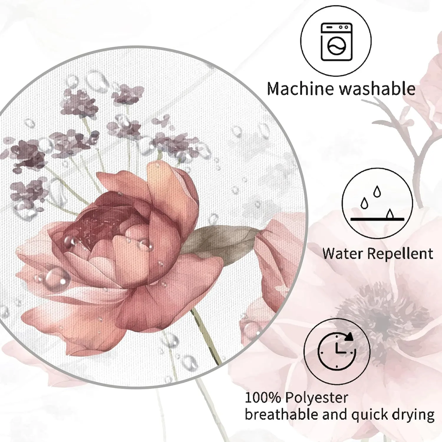 Rustic Pink Floral Shower Curtain fo Bathroom, Boho Cute Flowers Plants Botanical Spring Decor Shower Curtain Set, Waterproof Polyester Fabric Bath Curtains 72 x 72 Inch