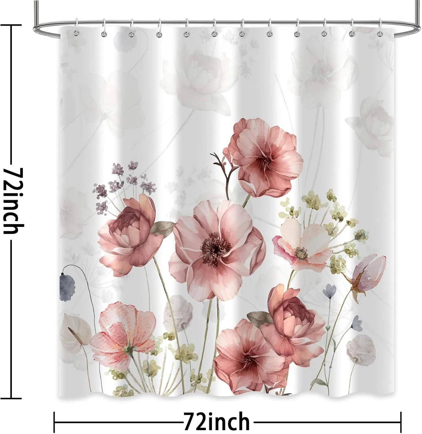 Rustic Pink Floral Shower Curtain fo Bathroom, Boho Cute Flowers Plants Botanical Spring Decor Shower Curtain Set, Waterproof Polyester Fabric Bath Curtains 72 x 72 Inch