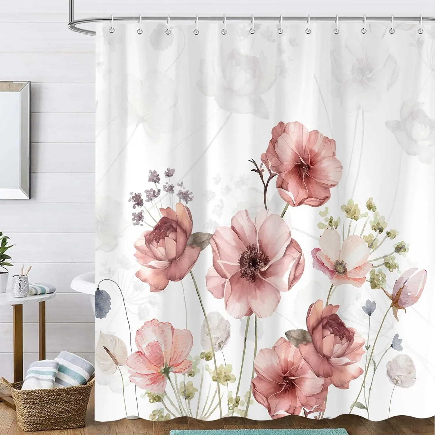 Rustic Pink Floral Shower Curtain fo Bathroom, Boho Cute Flowers Plants Botanical Spring Decor Shower Curtain Set, Waterproof Polyester Fabric Bath Curtains 72 x 72 Inch