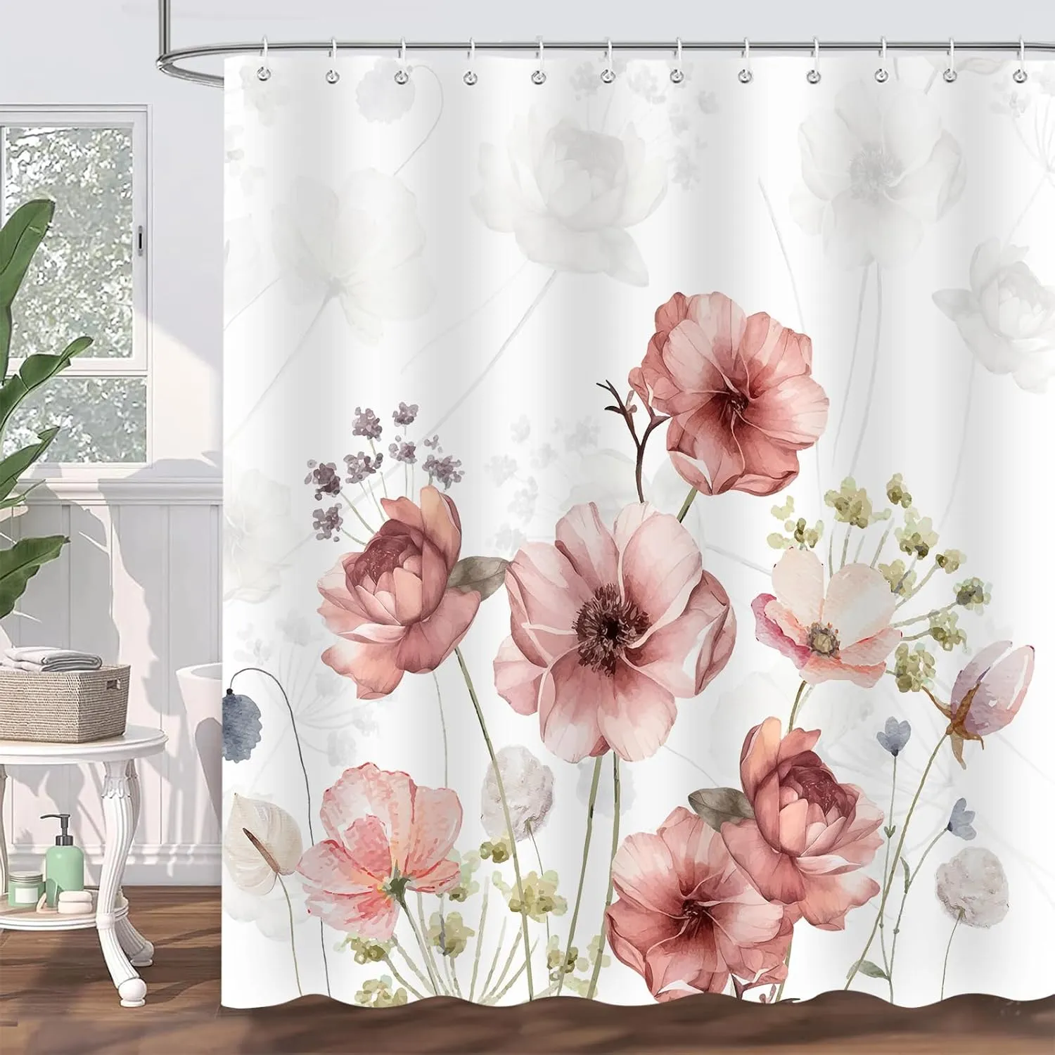 Rustic Pink Floral Shower Curtain fo Bathroom, Boho Cute Flowers Plants Botanical Spring Decor Shower Curtain Set, Waterproof Polyester Fabric Bath Curtains 72 x 72 Inch