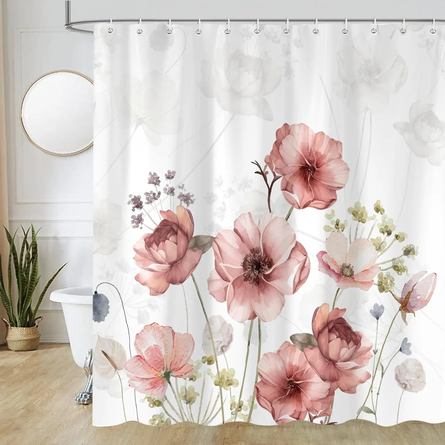 Rustic Pink Floral Shower Curtain fo Bathroom, Boho Cute Flowers Plants Botanical Spring Decor Shower Curtain Set, Waterproof Polyester Fabric Bath Curtains 72 x 72 Inch