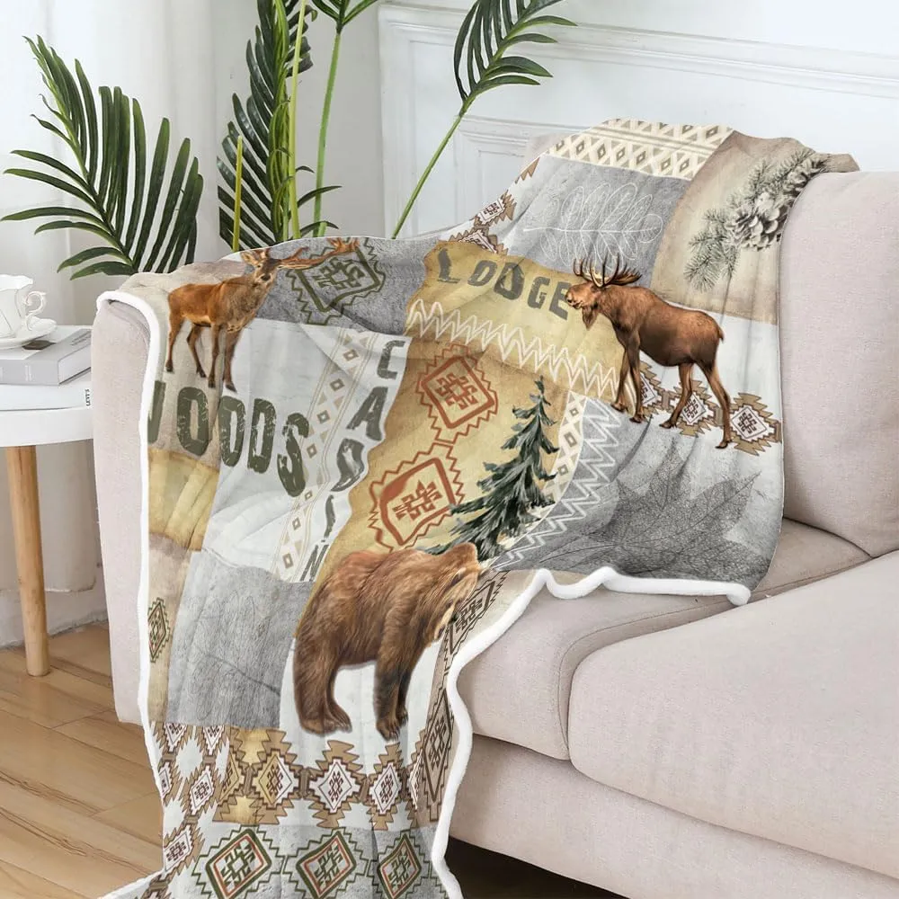 Rustic Throw Blankets GIFS,Bear Deer elk Moose Green Forest Woodland Fleece Blanket, Adventure Life Cabin Farmhouse Decorative Tree Soft Cozy Travel Throws, Lightweight and Warm Blankets