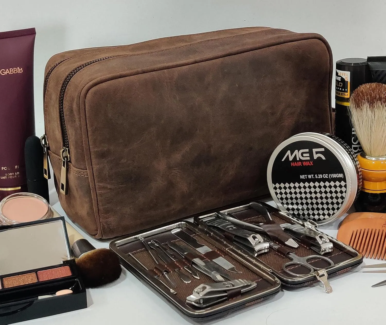 RUSTIC TOWN Full Grain Leather Travel Toiletry Bag - Dopp Kit Organizer (Dark Brown)