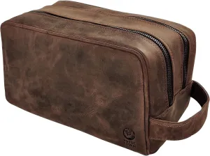 RUSTIC TOWN Full Grain Leather Travel Toiletry Bag - Dopp Kit Organizer (Dark Brown)