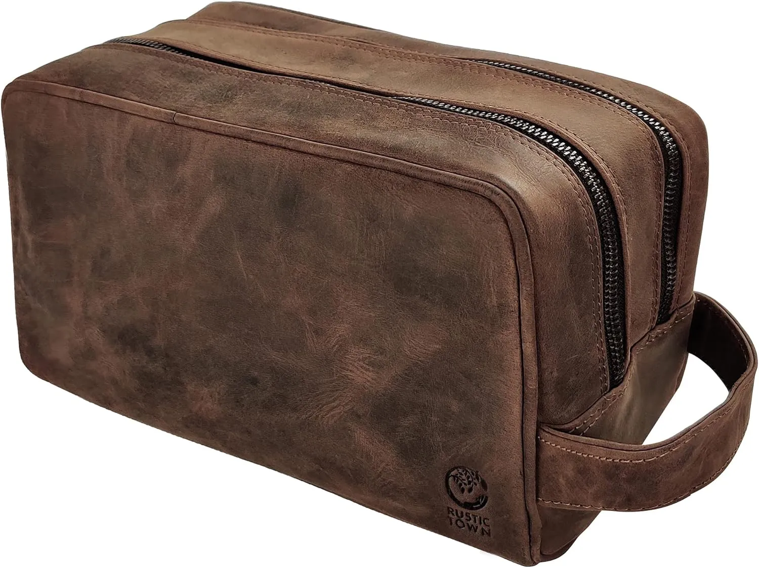 RUSTIC TOWN Full Grain Leather Travel Toiletry Bag - Dopp Kit Organizer (Dark Brown)