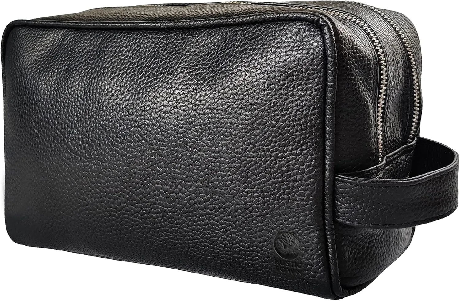 RUSTIC TOWN Full Grain Leather Travel Toiletry Bag - Dopp Kit Travel Organizer (Medium, Black)