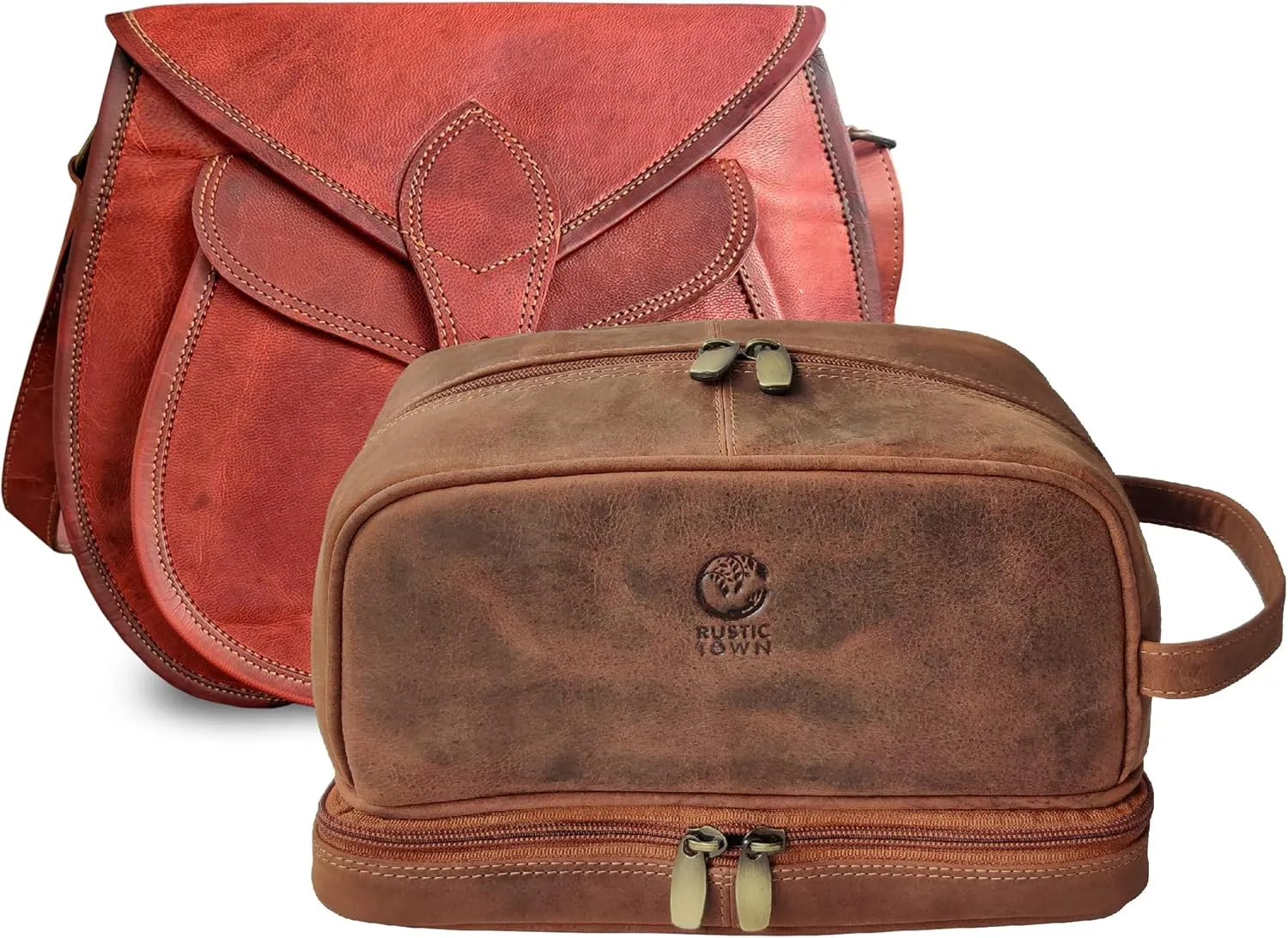 RUSTIC TOWN Leather Women Satchel & Leather Toiletry Bag - A Perfect Travel Essential Combo for Everyday Use