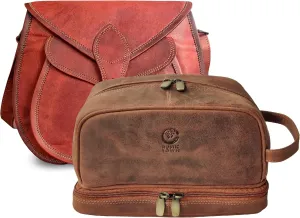 RUSTIC TOWN Leather Women Satchel & Leather Toiletry Bag - A Perfect Travel Essential Combo for Everyday Use