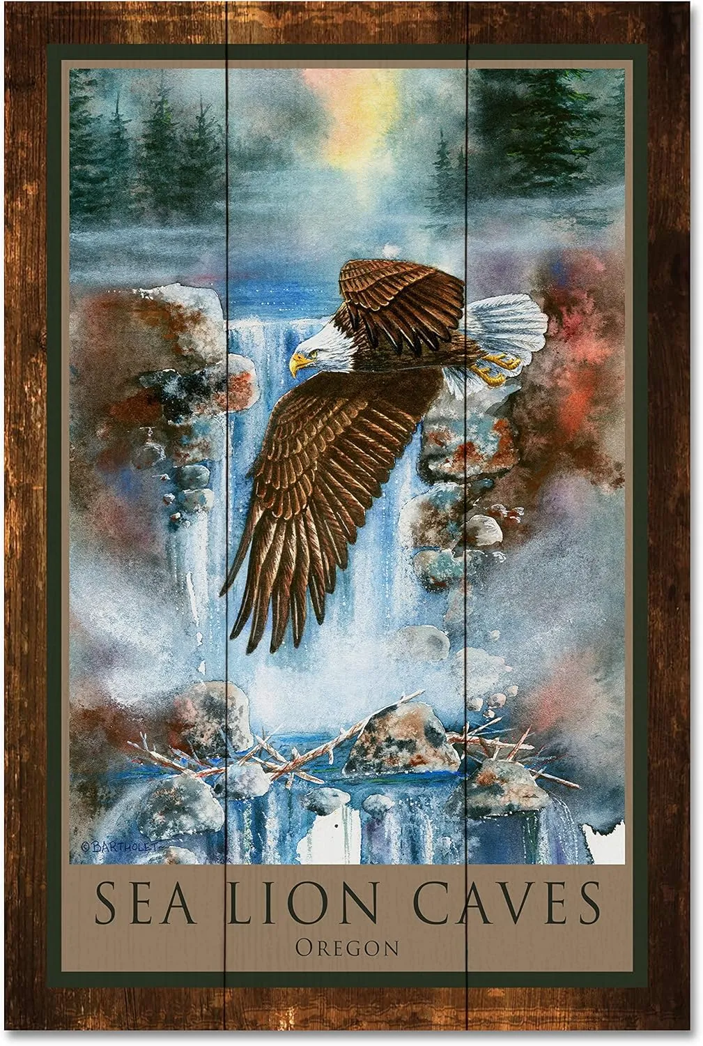 Sea Lion Caves Oregon Eagle Rustic Wood Art Print from Watercolor by Artist Dave Bartholet 24" x 36"