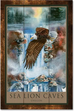 Sea Lion Caves Oregon Eagle Rustic Wood Art Print from Watercolor by Artist Dave Bartholet 24" x 36"