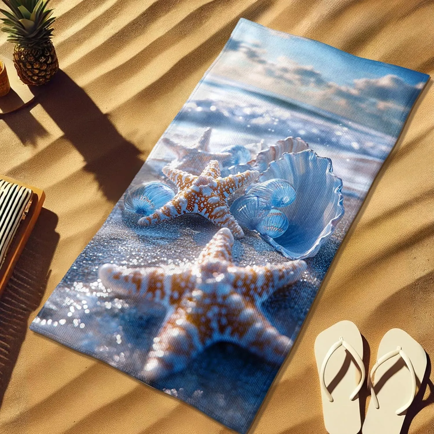 Seaside Shells Beach Towel Blue Ocean Inspired Sand Free Quick Dry Absorbent Microfiber Lightweight Travel Blanket, Pool Gym Picnic Essentials 70x35 Inch