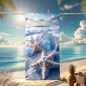 Seaside Shells Beach Towel Blue Ocean Inspired Sand Free Quick Dry Absorbent Microfiber Lightweight Travel Blanket, Pool Gym Picnic Essentials 70x35 Inch