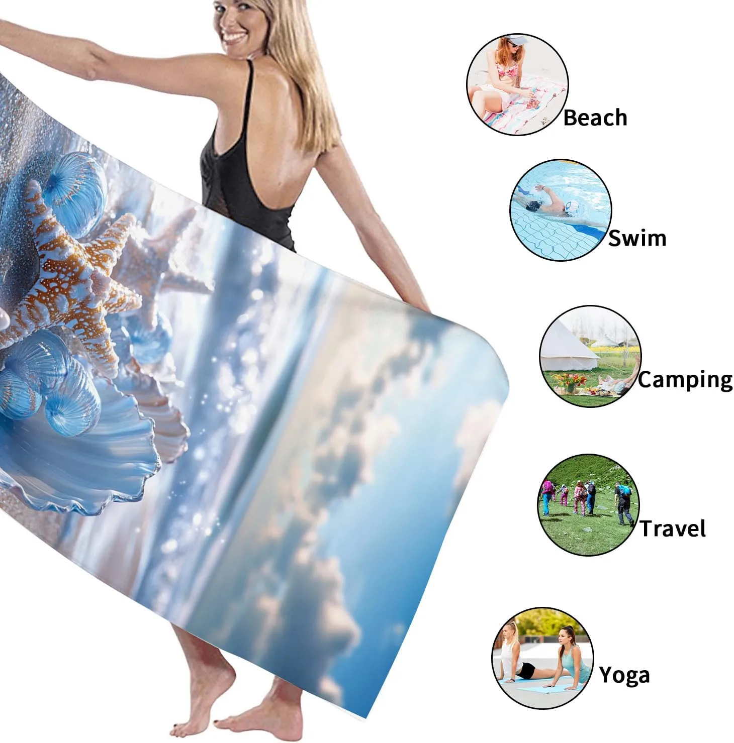 Seaside Shells Beach Towel Blue Ocean Inspired Sand Free Quick Dry Absorbent Microfiber Lightweight Travel Blanket, Pool Gym Picnic Essentials 70x35 Inch