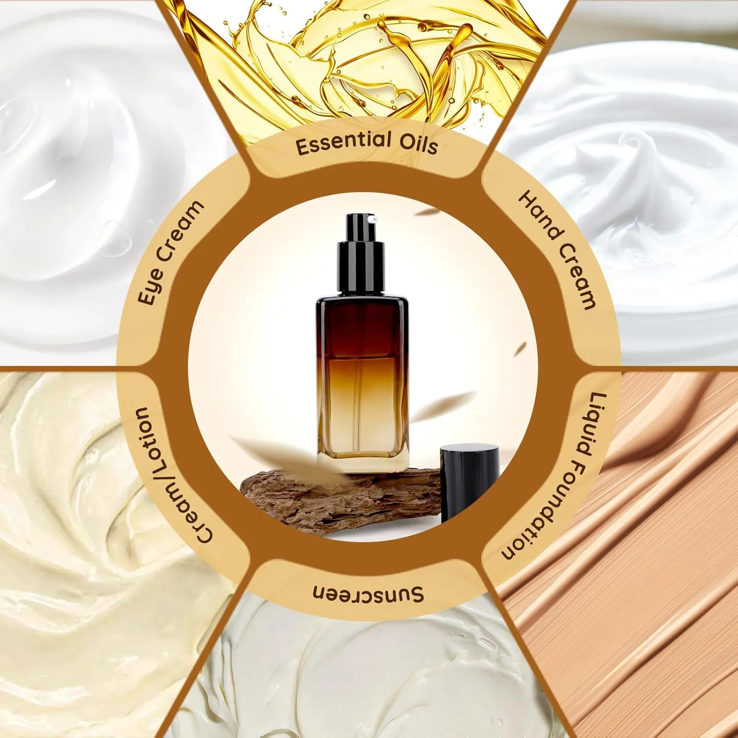 Segbeauty 2 Pack 100 ml Empty Refillable Glass Bottles,3.38oz Leakproof Pump Bottles Lotion Dispenser Bottle Travel Size Gradient Brown Lotion Container for Essential Oil Blends Cream