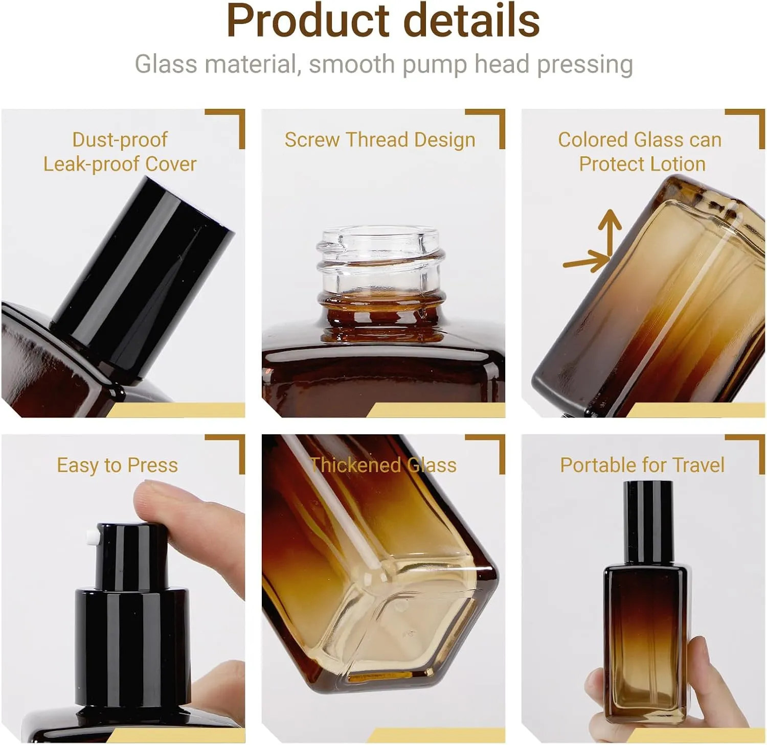 Segbeauty 2 Pack 100 ml Empty Refillable Glass Bottles,3.38oz Leakproof Pump Bottles Lotion Dispenser Bottle Travel Size Gradient Brown Lotion Container for Essential Oil Blends Cream