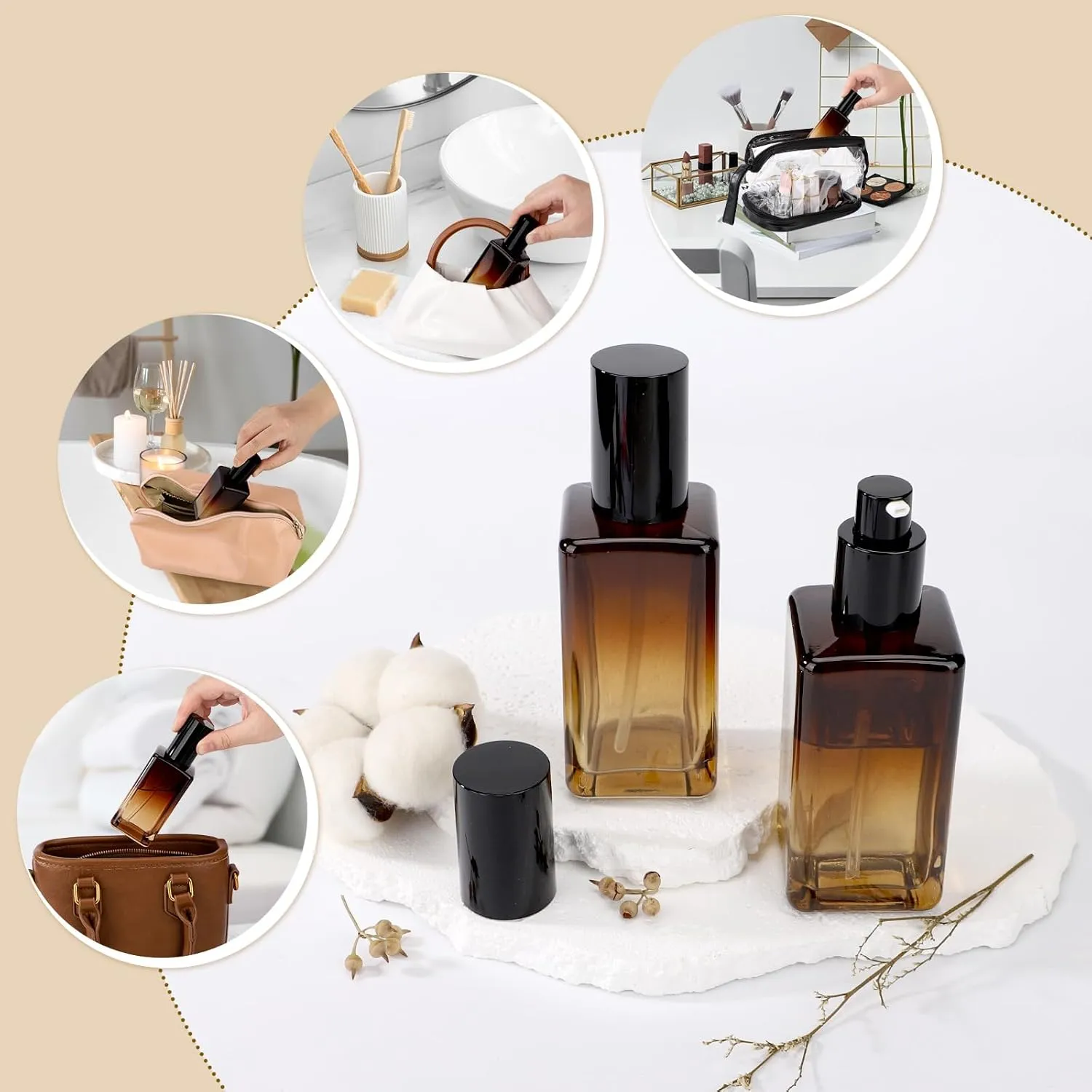 Segbeauty 2 Pack 100 ml Empty Refillable Glass Bottles,3.38oz Leakproof Pump Bottles Lotion Dispenser Bottle Travel Size Gradient Brown Lotion Container for Essential Oil Blends Cream
