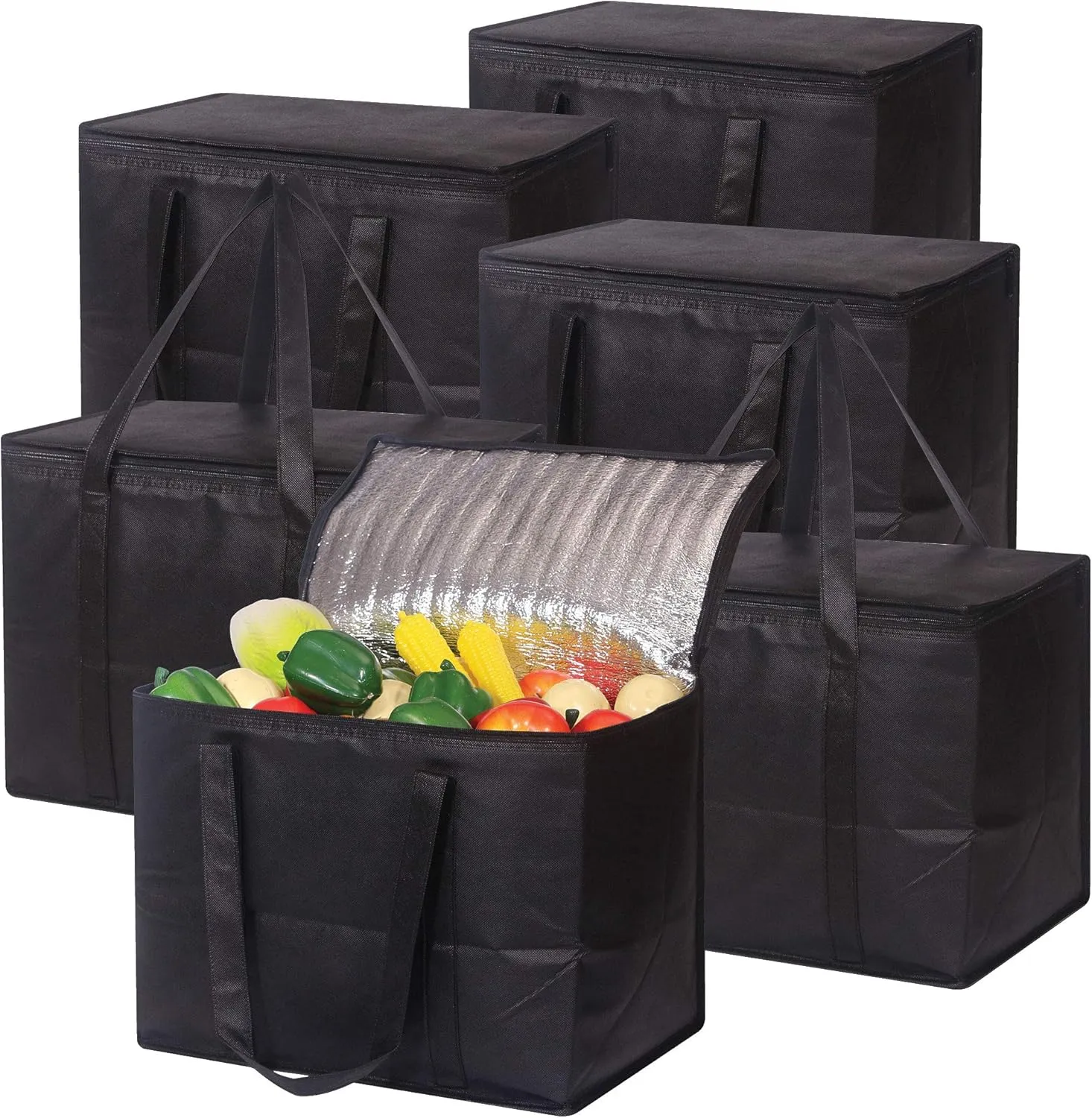 Set of 6 Large Insulated Reusable Grocery Bags with Sturdy Zipper and Handles, Foldable Washable Heavy Duty Cooler Totes for Hot or Cold Food Delivery, Groceries, Travel, Shopping