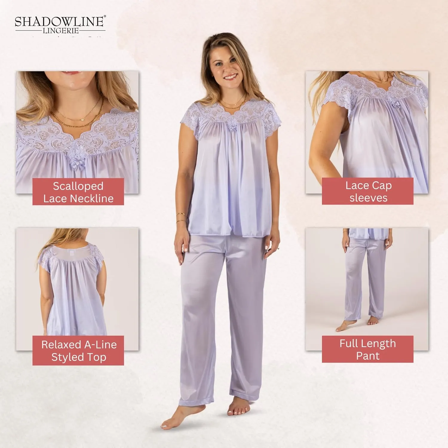 Shadowline Women’s Lace Cap Sleeve Pajama Set Top 27”- Bottom 40.5” Length
