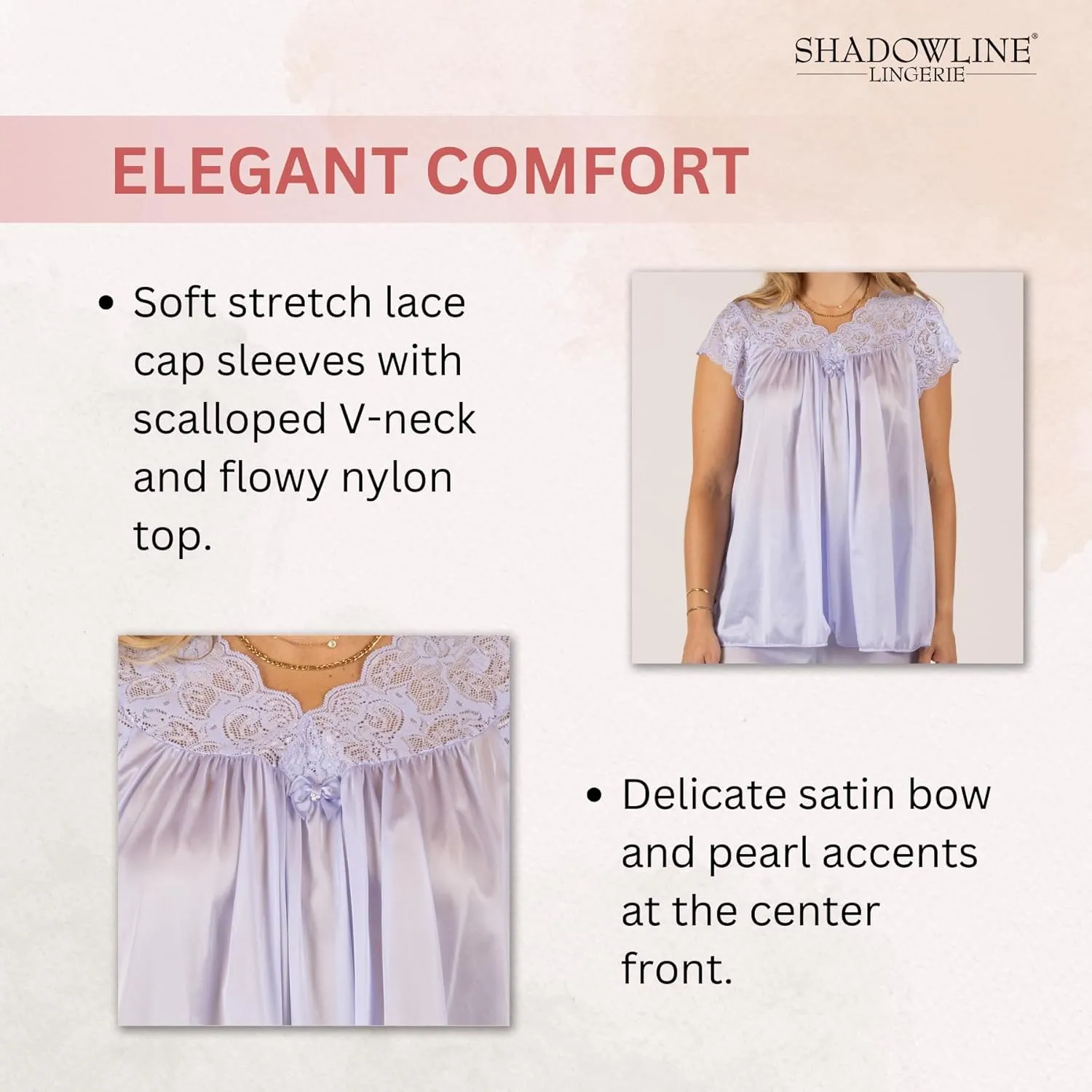 Shadowline Women’s Lace Cap Sleeve Pajama Set Top 27”- Bottom 40.5” Length