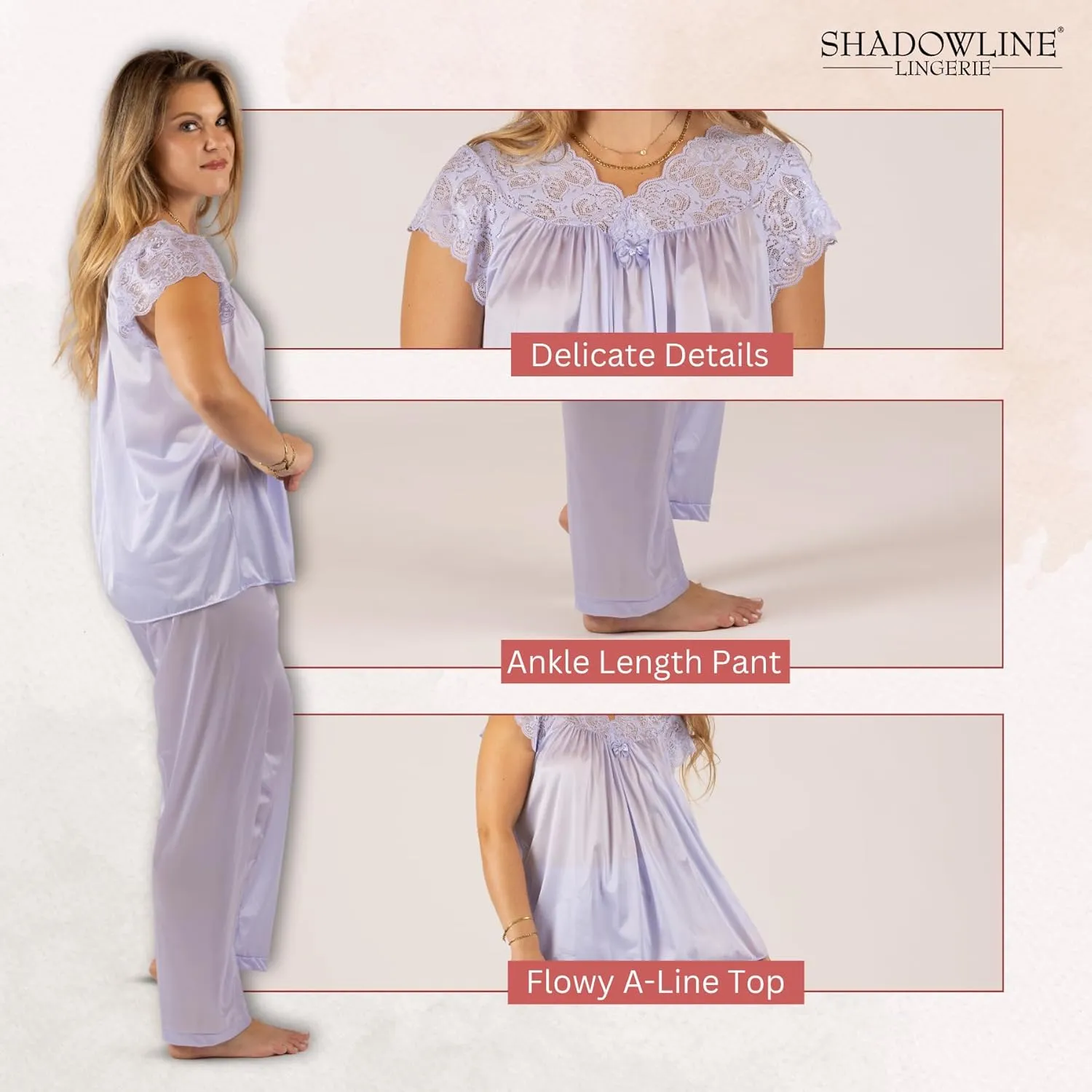 Shadowline Women’s Lace Cap Sleeve Pajama Set Top 27”- Bottom 40.5” Length