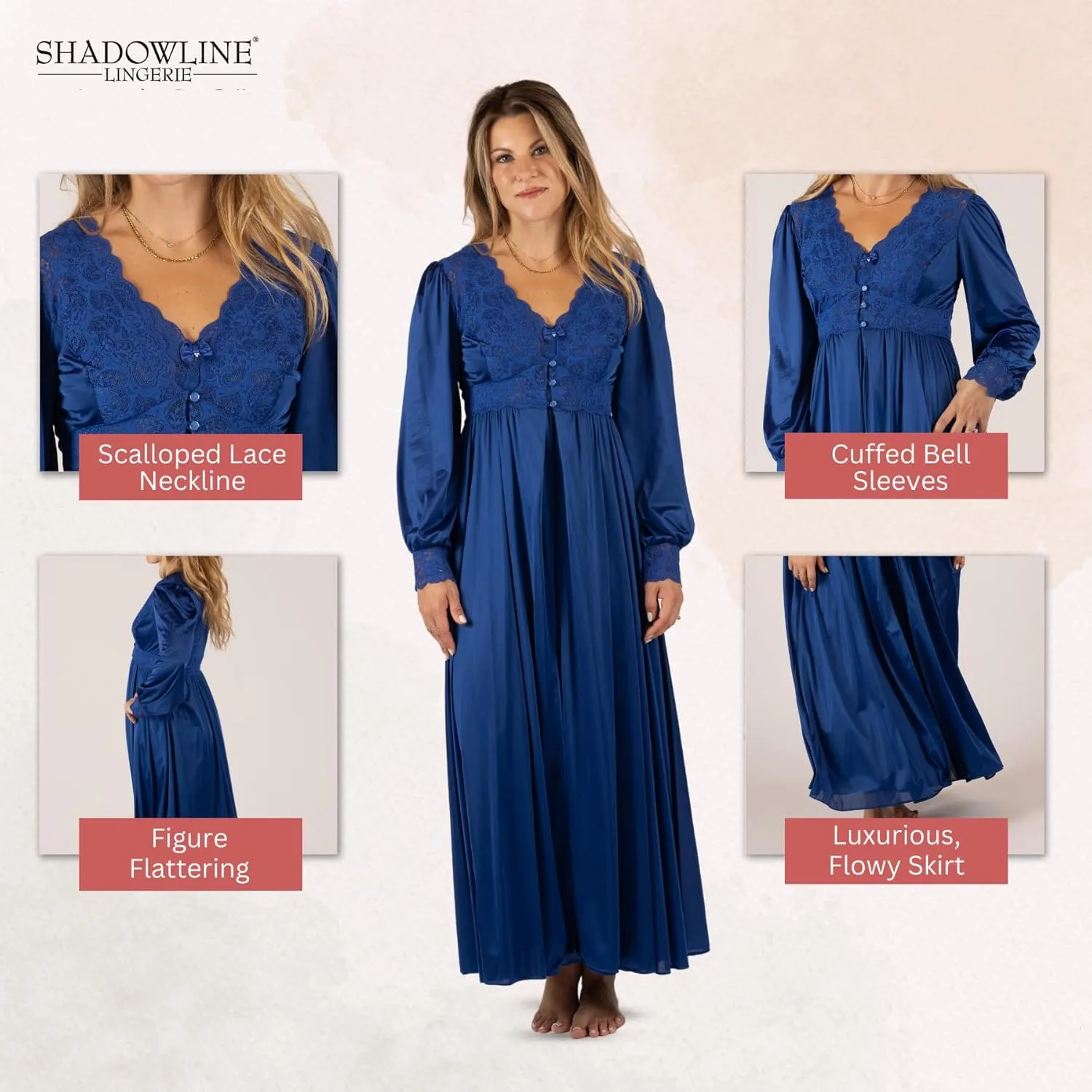 Shadowline Women’s Long Lace Bodice Button Down Robe - 54” Length Robe