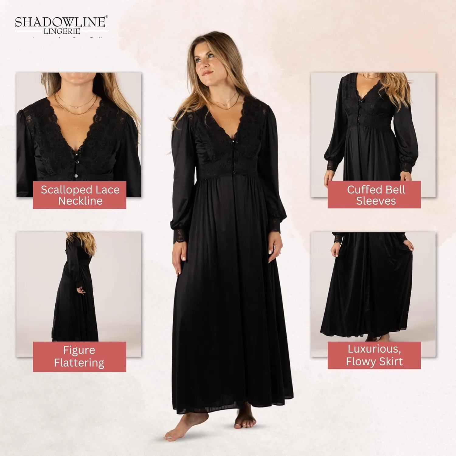 Shadowline Women’s Long Lace Bodice Button Down Robe - 54” Length Robe