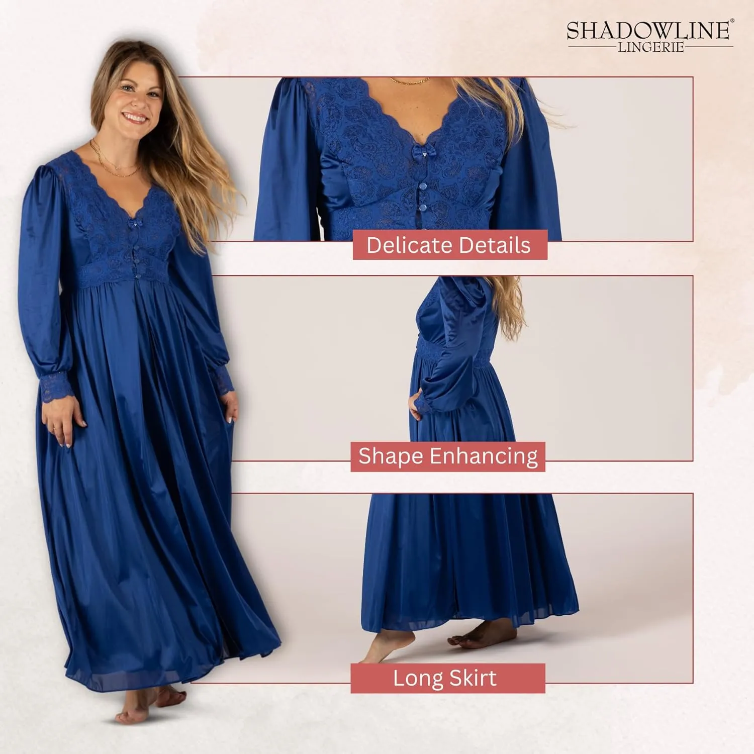 Shadowline Women’s Long Lace Bodice Button Down Robe - 54” Length Robe