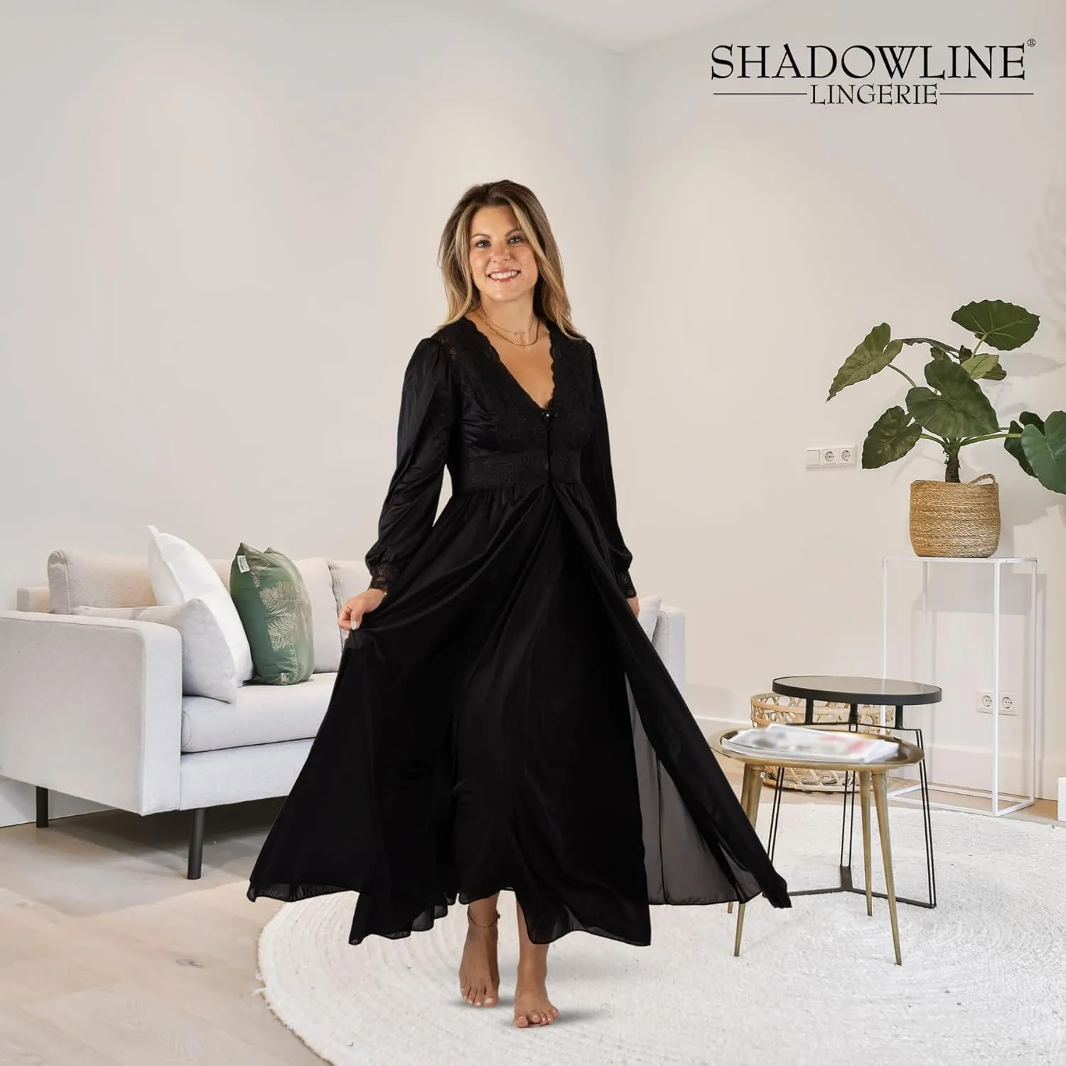 Shadowline Women’s Long Lace Bodice Button Down Robe - 54” Length Robe