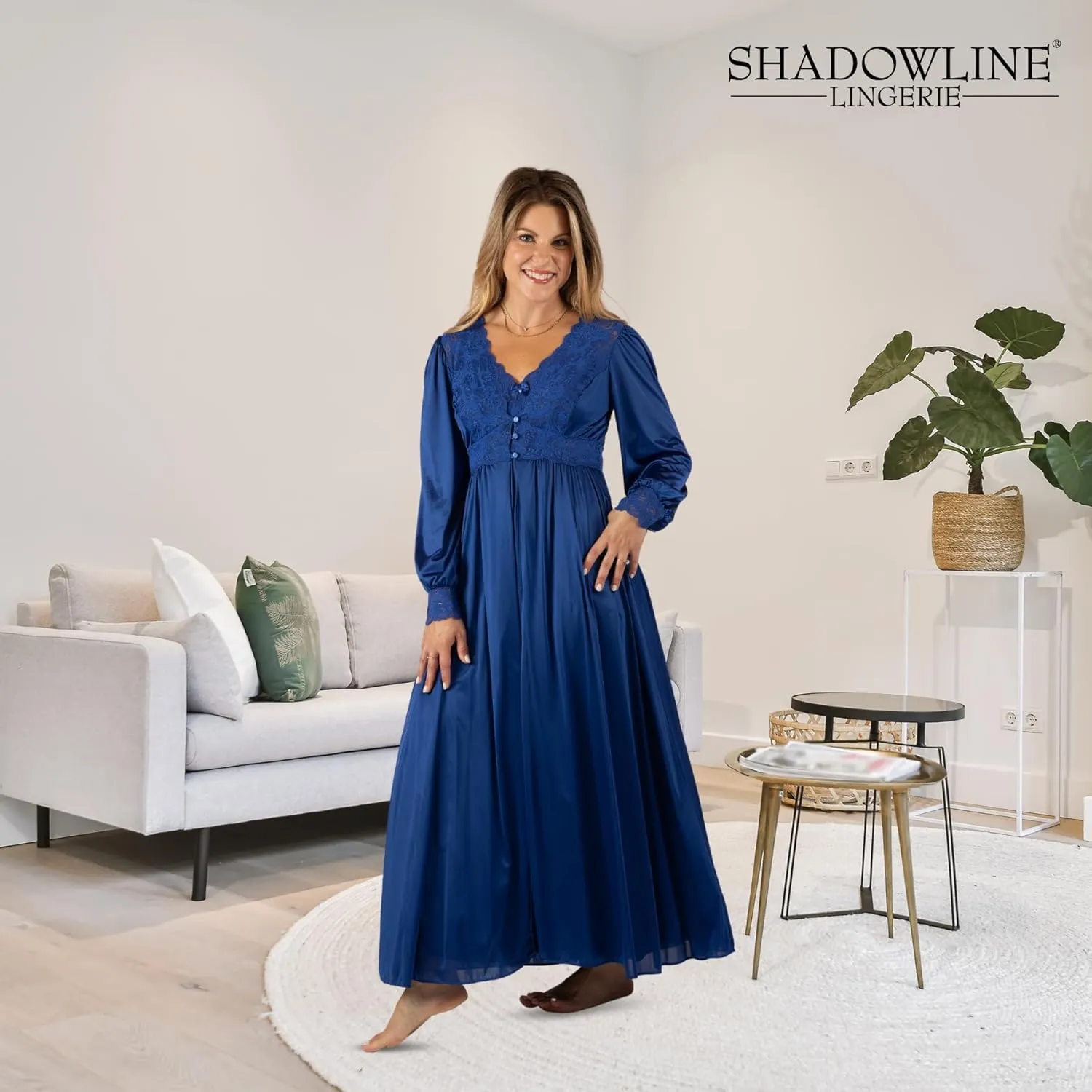 Shadowline Women’s Long Lace Bodice Button Down Robe - 54” Length Robe