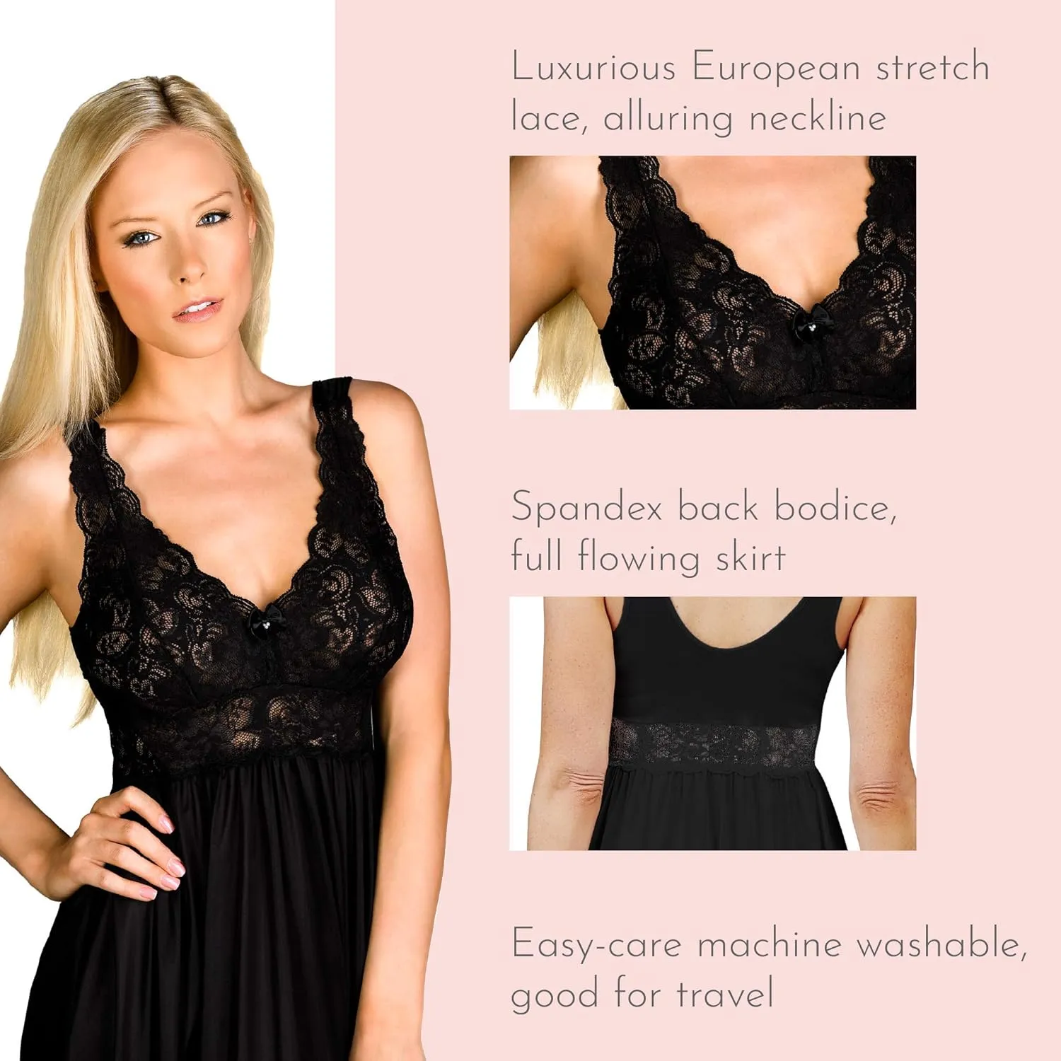 Shadowline Women’s Long Lace Bodice Nightgown  | 53” Length Sleeveless Gown