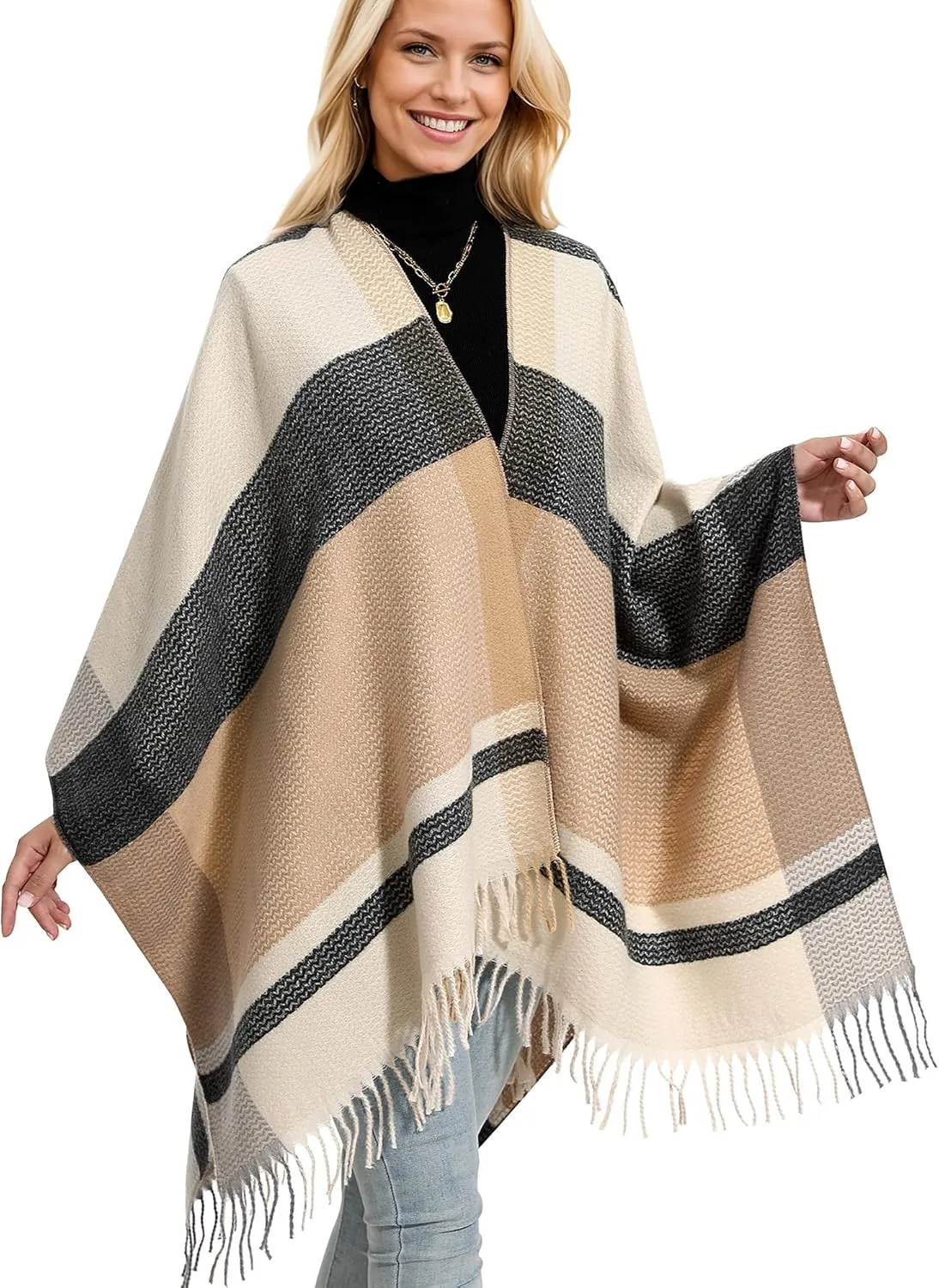 Shawl Wraps Gifts for Women,Warm Poncho Sweater,Tassels Open Front capes, Travel Christmas Gifts for Winter Fall