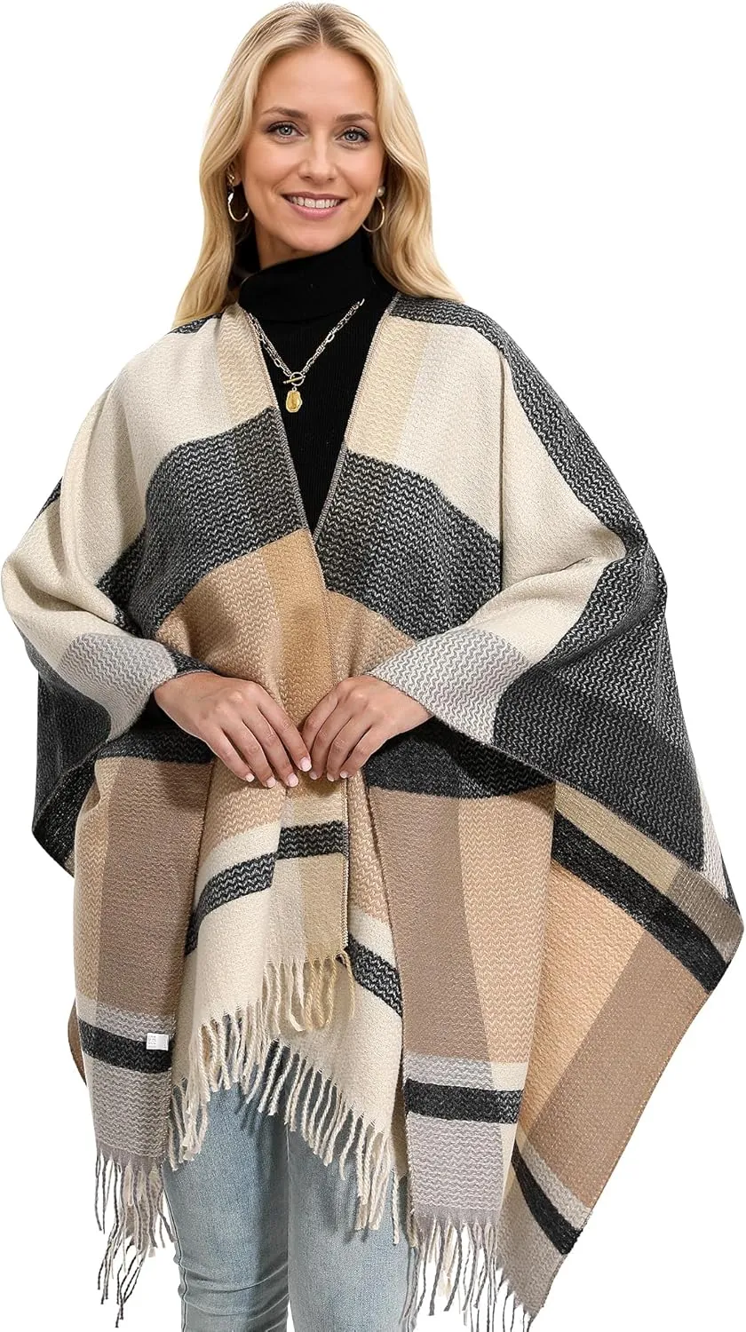 Shawl Wraps Gifts for Women,Warm Poncho Sweater,Tassels Open Front capes, Travel Christmas Gifts for Winter Fall