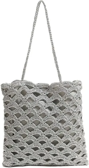 Shiny Woven Straw Purses for Women Woven Hobo Shoulder Bag Purses Chic Hollow-out Handbag for Beach Summer Travel