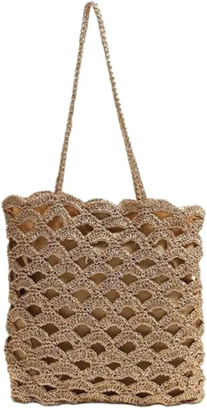 Shiny Woven Straw Purses for Women Woven Hobo Shoulder Bag Purses Chic Hollow-out Handbag for Beach Summer Travel