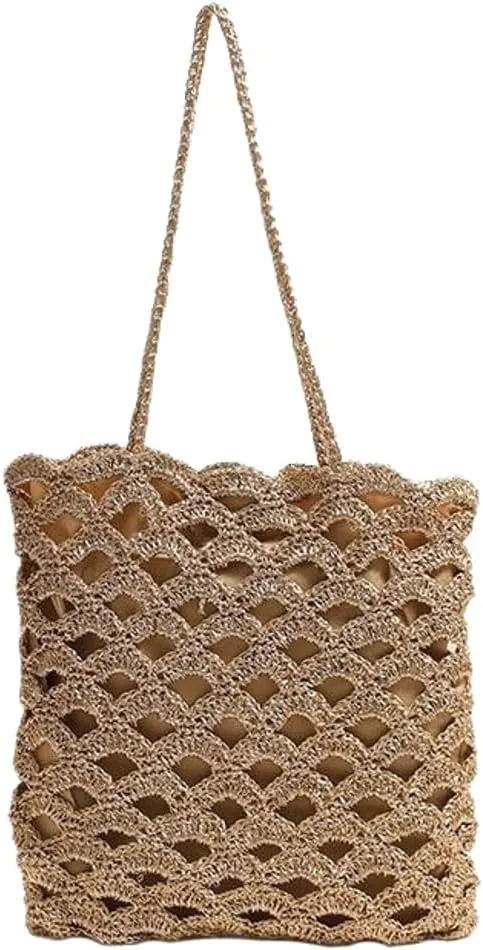 Shiny Woven Straw Purses for Women Woven Hobo Shoulder Bag Purses Chic Hollow-out Handbag for Beach Summer Travel