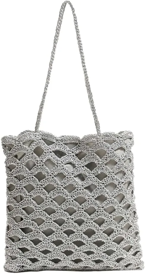 Shiny Woven Straw Purses for Women Woven Hobo Shoulder Bag Purses Chic Hollow-out Handbag for Beach Summer Travel