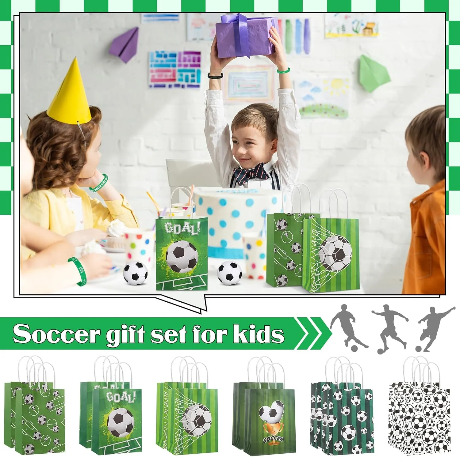 ShinyRelief 72 Pcs Soccer Party Favors Set Includes 24 Paper Gift Bags 24 Silicone Wristbands 24 Sports Stress Balls Goodie Bag Fillers Gifts for Sports Themed Birthday Party Supplies