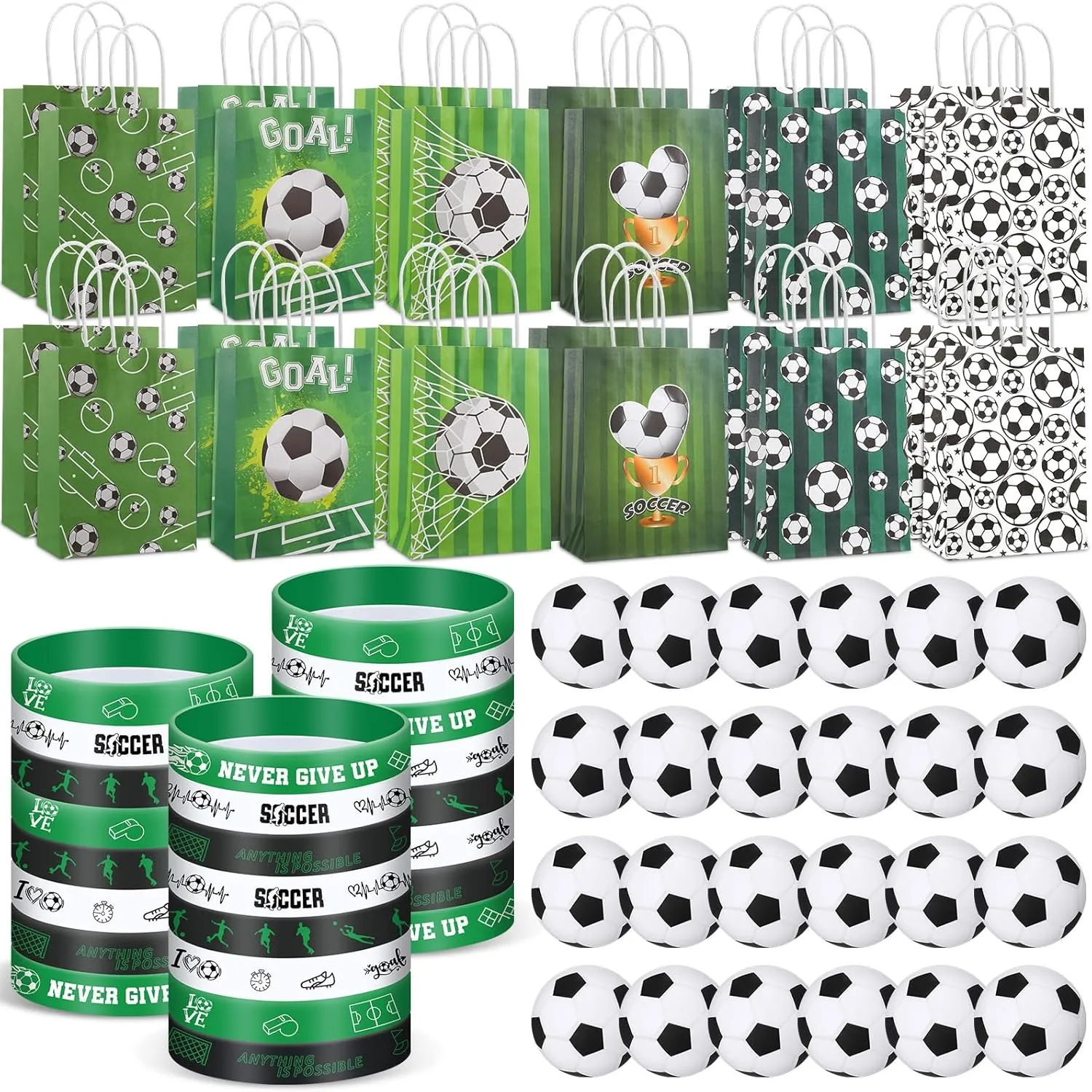 ShinyRelief 72 Pcs Soccer Party Favors Set Includes 24 Paper Gift Bags 24 Silicone Wristbands 24 Sports Stress Balls Goodie Bag Fillers Gifts for Sports Themed Birthday Party Supplies